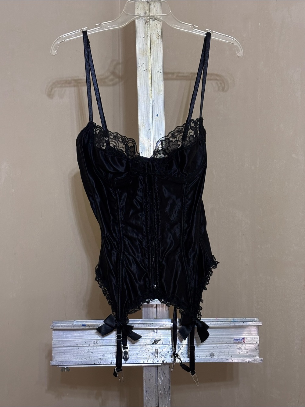 Vintage Frederick's of Hollywood Black Satin Corset Top Bustier Garter 38